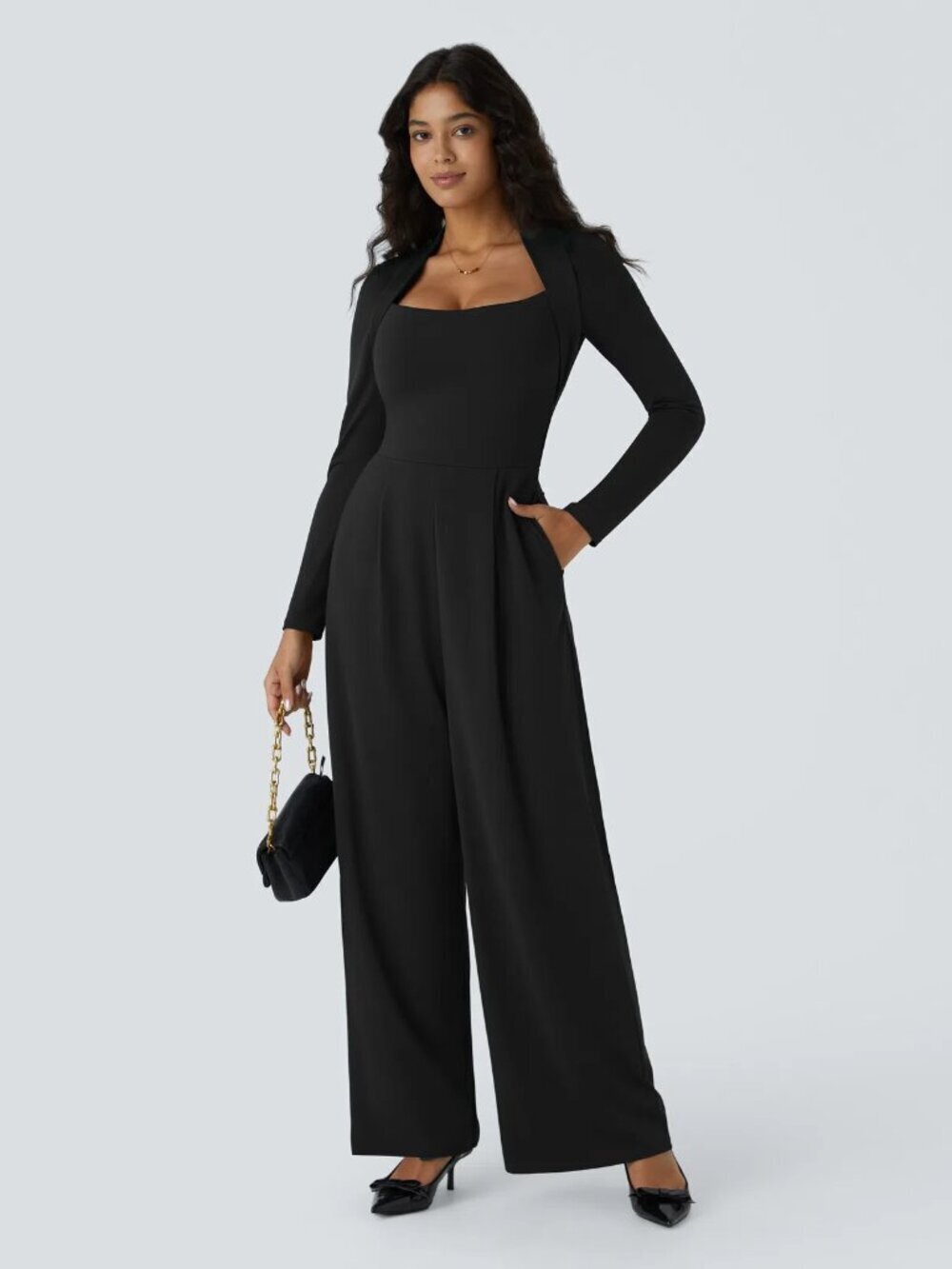 NWT Halara Easy Peezy Wide Leg Black Wedding Guest Jumpsuit
